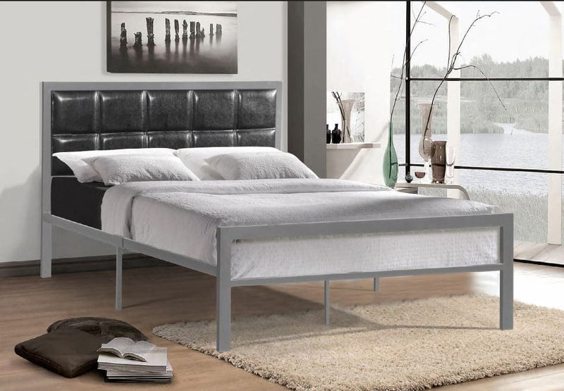 Grey Padded Headboard Metal Bed