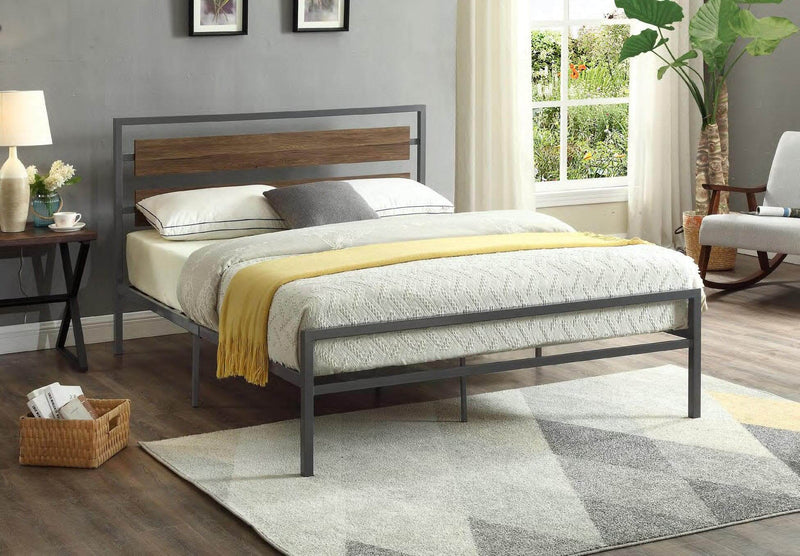 Grey Steel Frame Wood Panel Bed