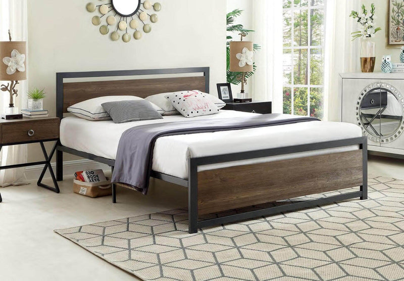 Wood Panel Bed With a Grey Steel Frame Headboard