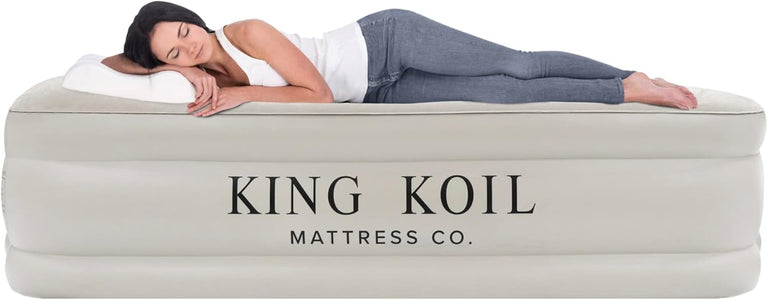 King Koil Pillow Top Plush Queen Air Mattress With Built-in High-Speed Pump Best For Home, Camping, Guests, 20" Queen Size Luxury Double Airbed Adjustable Blow Up Mattress, Waterproof, 1-Year Warranty