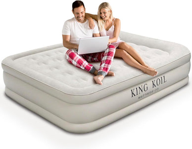 King Koil Pillow Top Plush Queen Air Mattress With Built-in High-Speed Pump Best For Home, Camping, Guests, 20" Queen Size Luxury Double Airbed Adjustable Blow Up Mattress, Waterproof, 1-Year Warranty