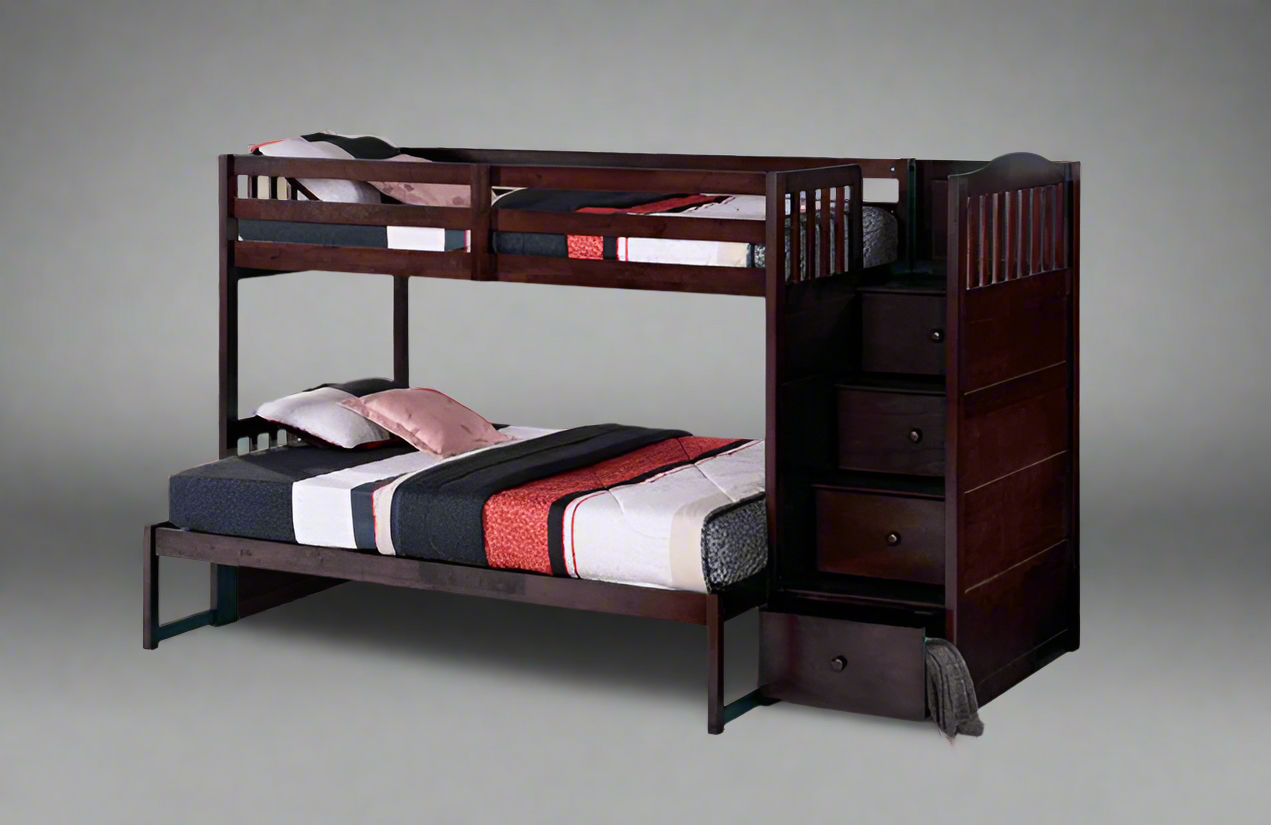 Twin over Double 39"/54" RHF Staircase Bunk Bed in Espresso Includes Drawers