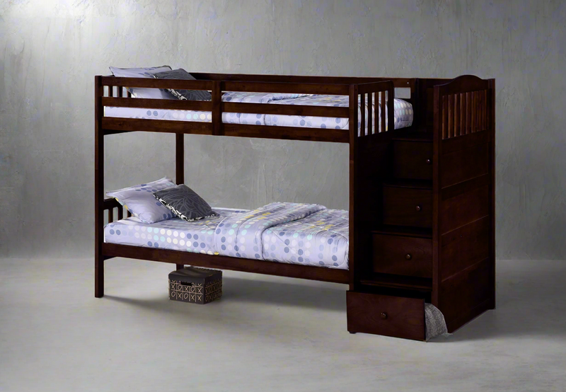 Twin over Twin (Single) RHF Staircase Bunk Bed in Espresso Includes Drawers