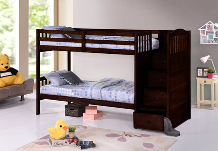 Twin over Twin (Single) RHF Staircase Bunk Bed in Espresso Includes Drawers