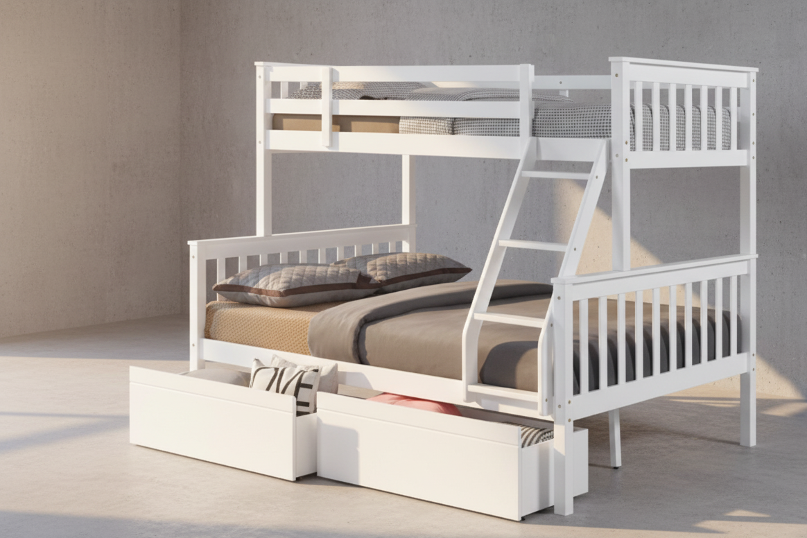 Heavy Duty White Bunk Bed Frame - Twin Over Double / Full