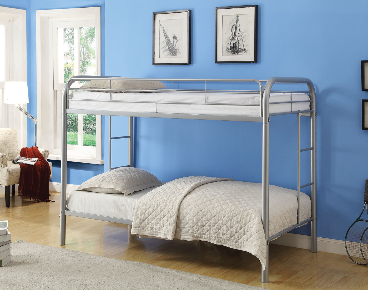 Grey Metal Bunk Bed Twin over Twin Steel Bunk