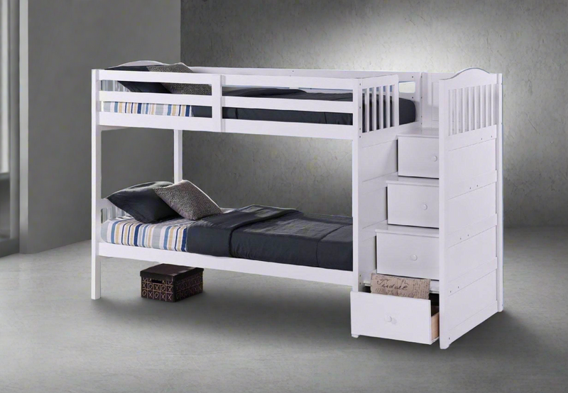 White Wood Twin over Twin Bunk Bed with RHF Stairways and Pull out Storage Drawers