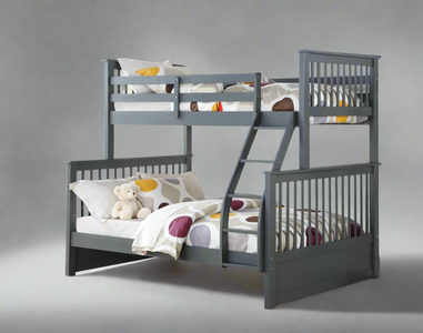 Grey Wood Twin over Double Bunk Bed Convertible with Ladder