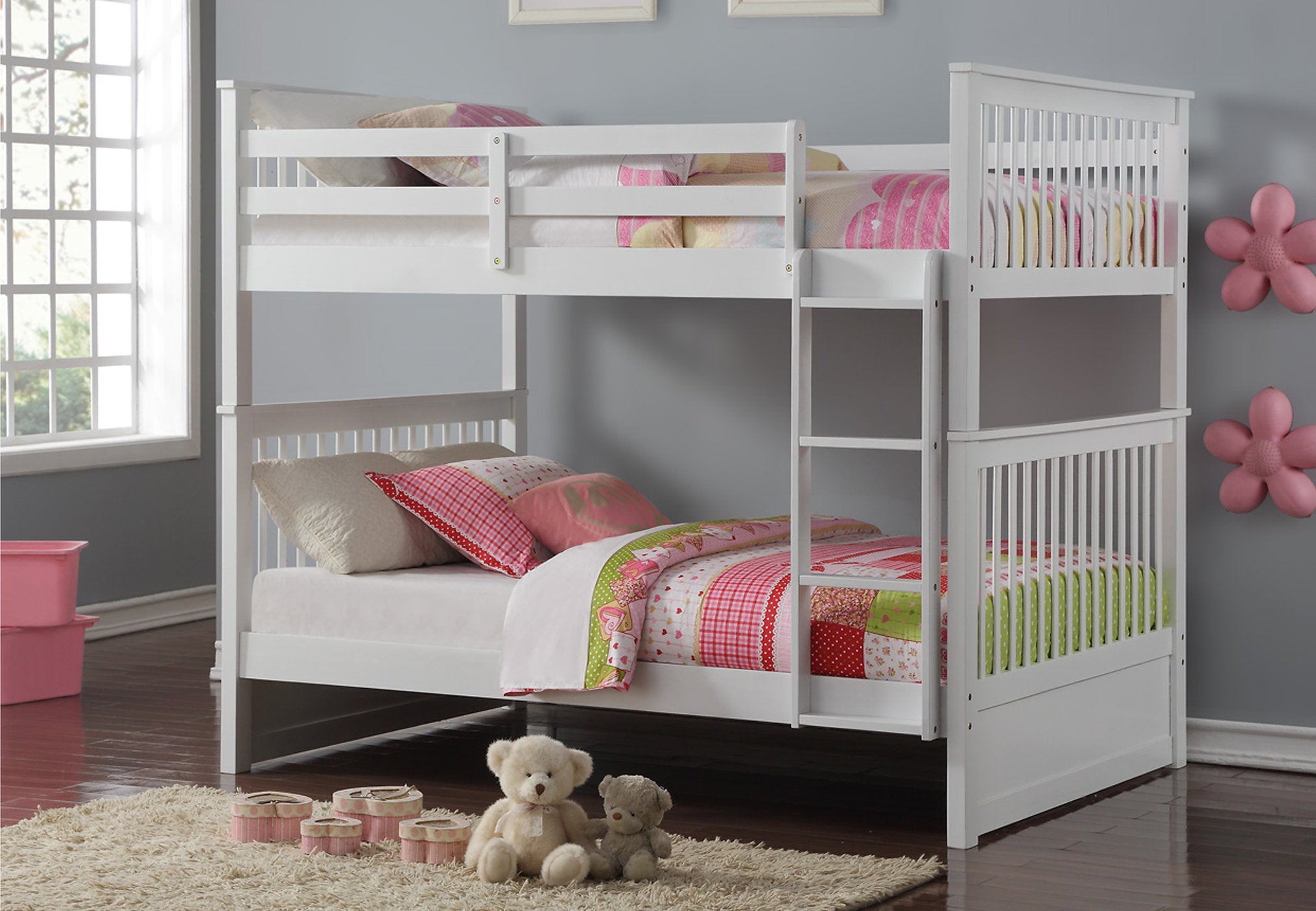 Double over Double / Full White Mission Style Bunk Bed Convertible into 2 Beds