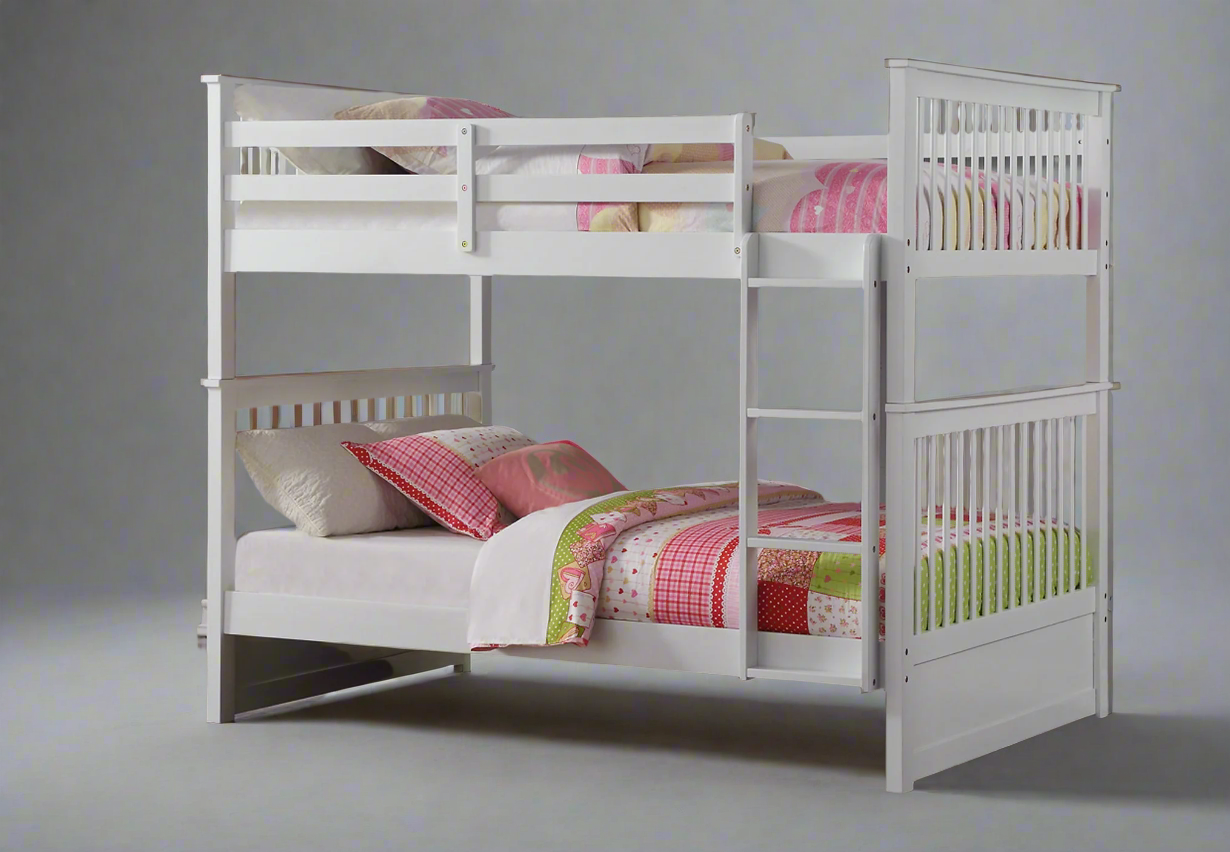 Double over Double / Full White Mission Style Bunk Bed Convertible into 2 Beds