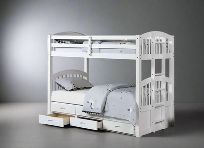 Single over Single over Single White Wood Bunk Bed with Captains Bed Drawers and Trundle