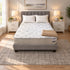 Double Breeze Cool Max 10" Medium Firm Tight top mattress on a gray upholstered bed with two white pillows and a tan knit throw, in a bedroom with white nightstands, table lamps and a framed landscape print