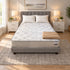 Double Full XL Breeze Cool Max 10" Medium Firm Tight top mattress on a gray upholstered bed with two white pillows and a tan knit throw, in a bedroom with white nightstands, table lamps and a framed landscape print
