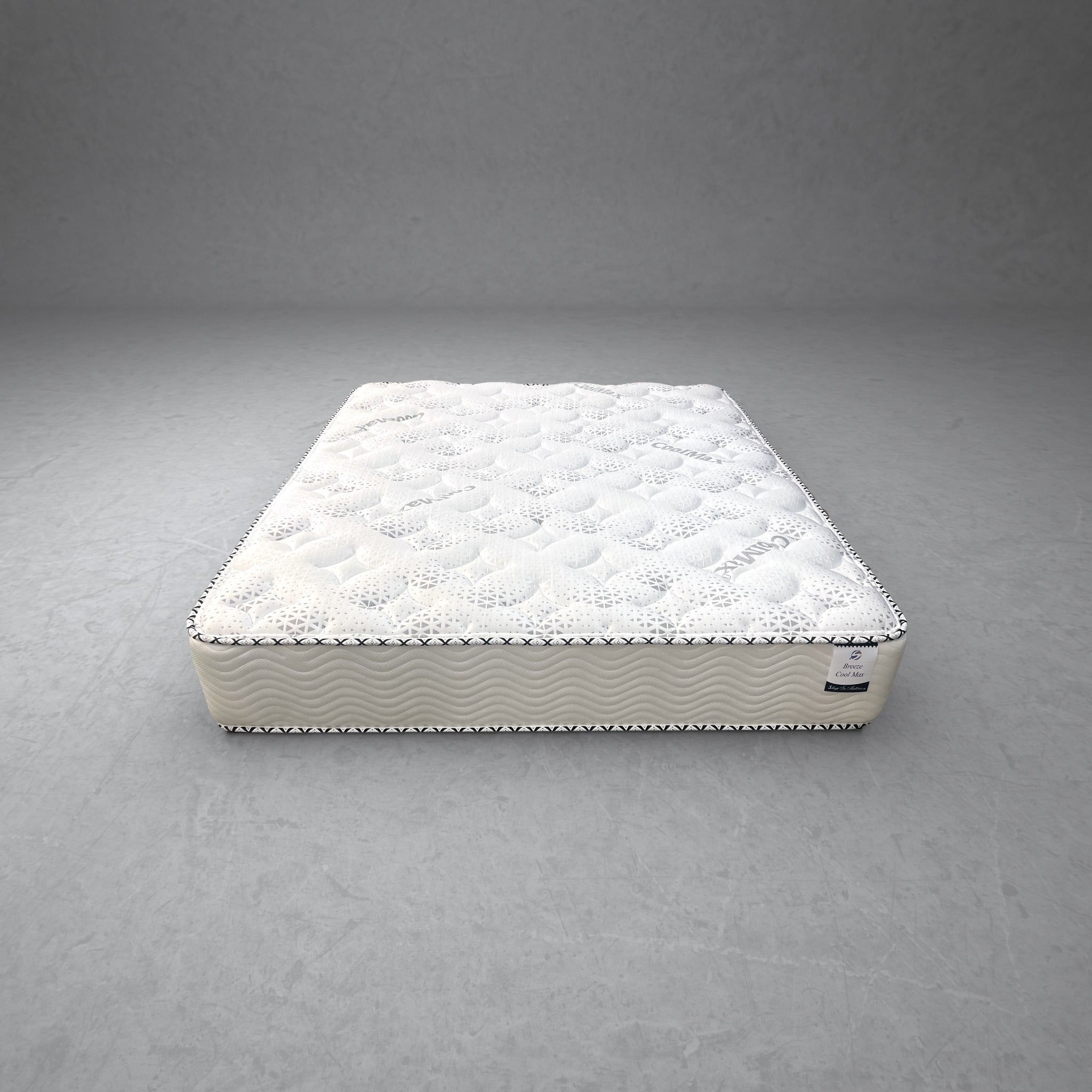 RV Short Queen Breeze Cool Max 10" Medium Firm Tight top mattress on a concrete background