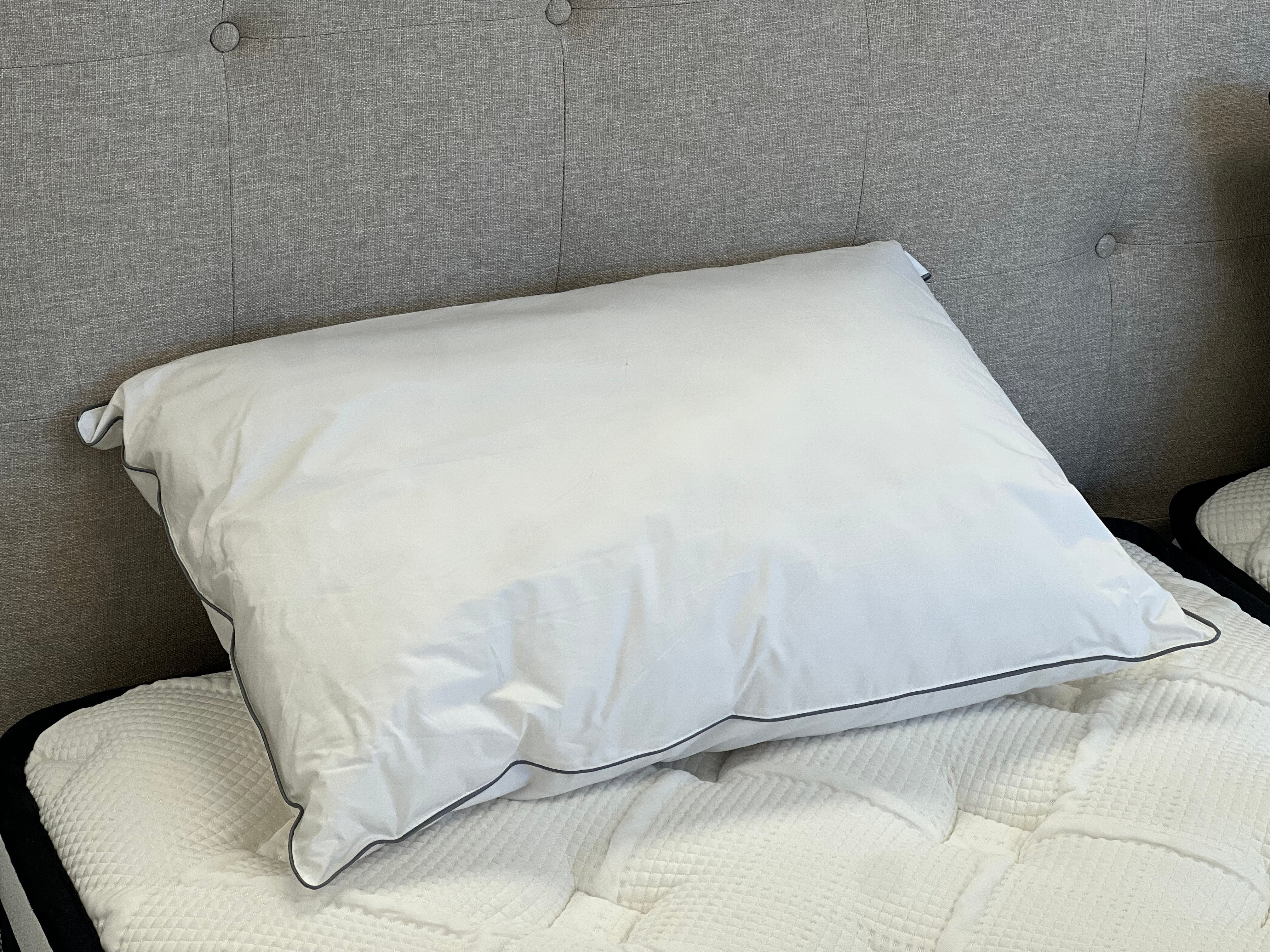 A white pillow with a thin dark piping trim, resting on a white quilted mattress against a gray tufted headboard.