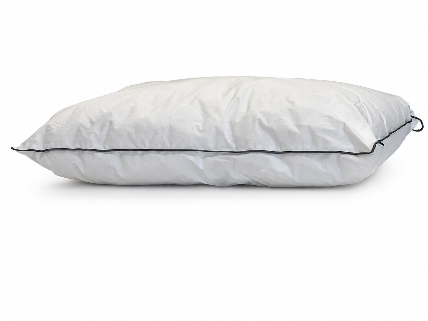 A white pillow with a thin black piping trim along the edge, shown on a plain white background.