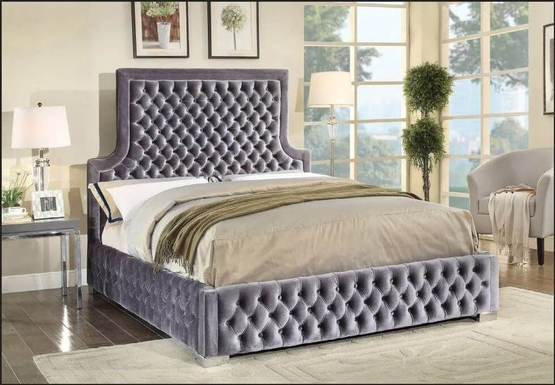 Grey Velvet Fabric Nailhead Bed