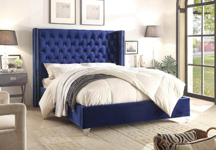 Blue Velvet Fabric Bed With Mattress Support King Bed - DirectBed
