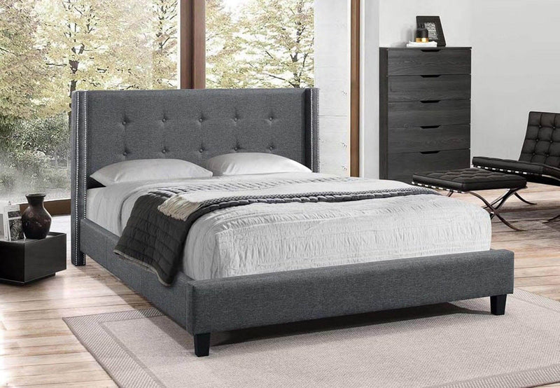Dark Grey Fabric Bed With Nailhead