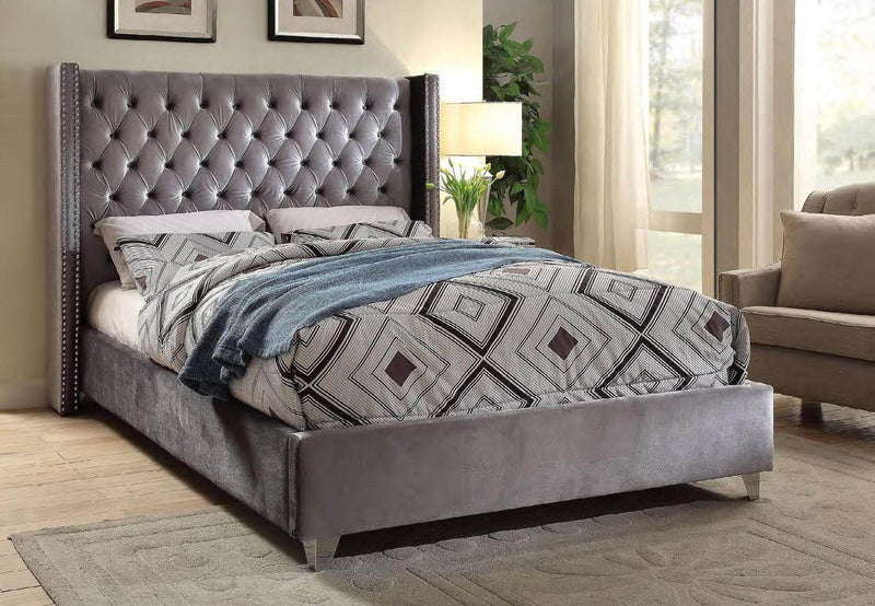 Grey Nailhead Velvet Fabric Bed