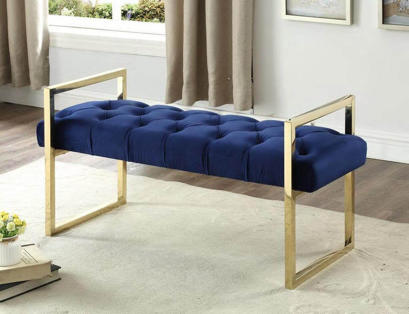 Navy Blue Velvet Fabric Bench with Gold Legs