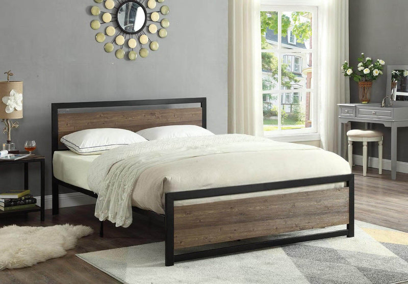 Wood Panel Bed with a Black Steel Frame